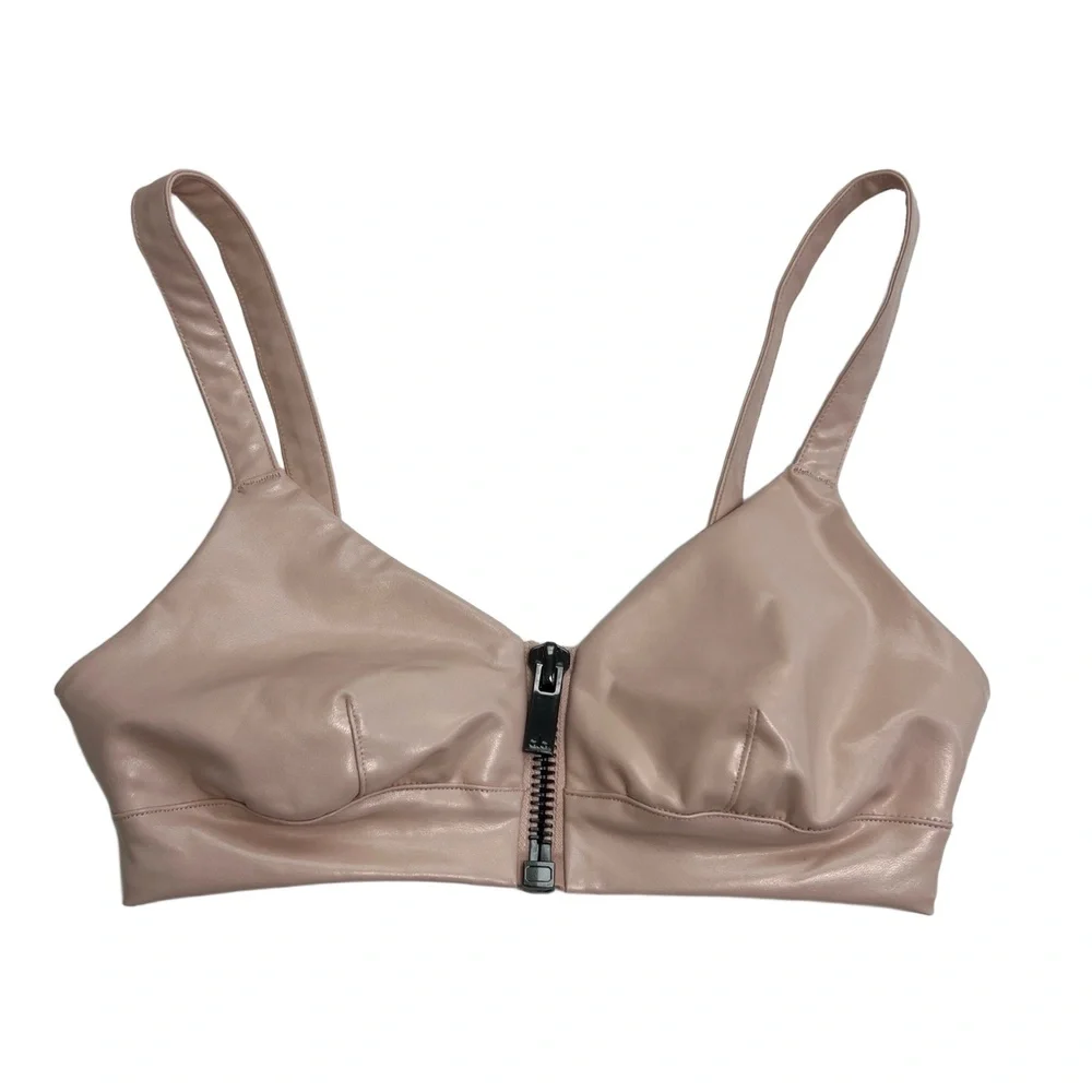 Alo Yoga Liquid Sports Size XS Bralette Nectar Strappy Front Zip Faux Leather‎